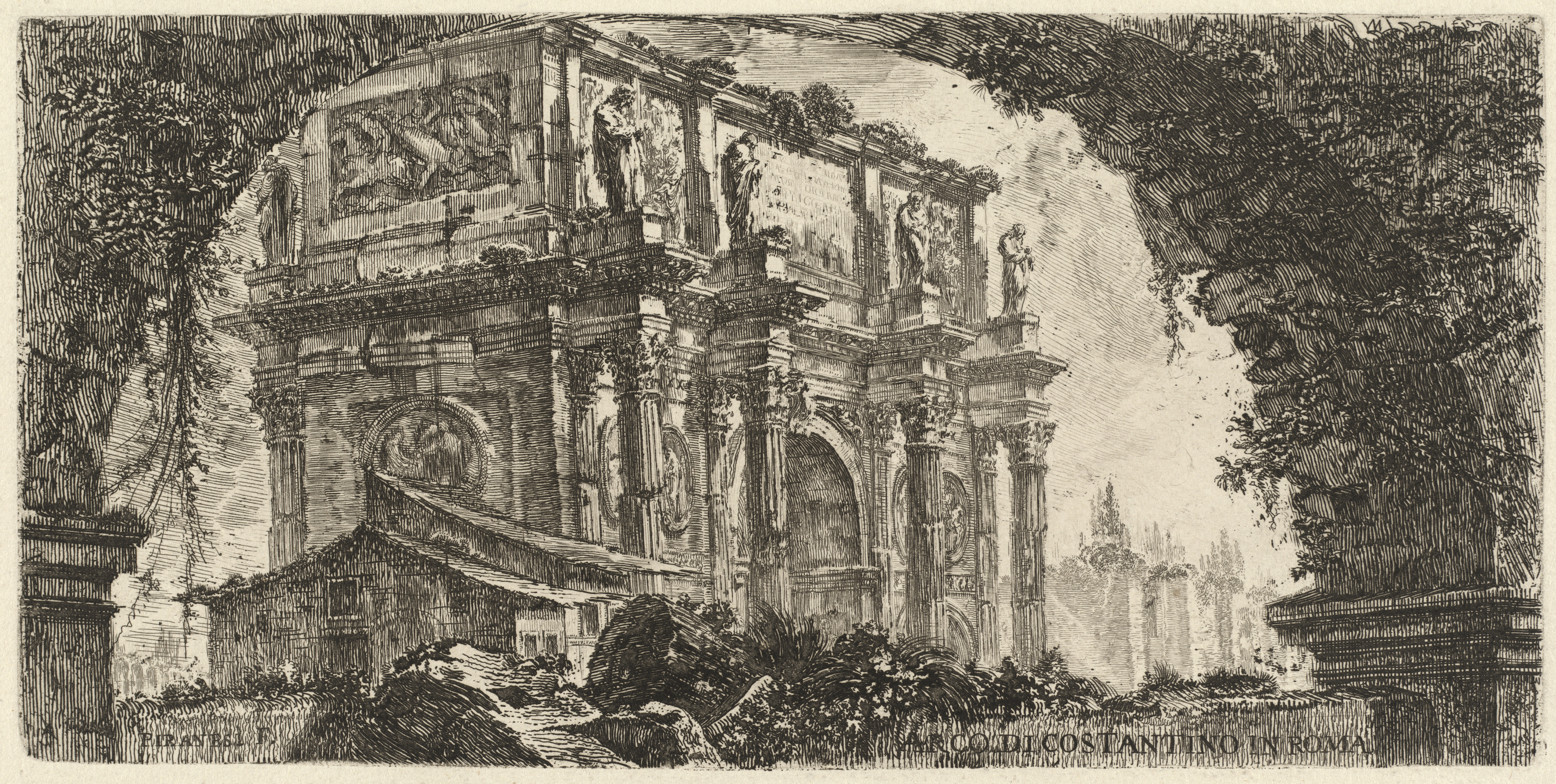 Black and white drawing looking under an arch to a building