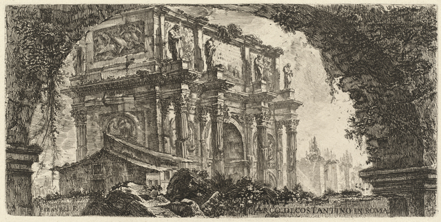 Black and white drawing looking under an arch to a building